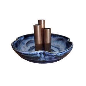 Signed Pottery Flower Bud Vase 3 Stem Bamboo Style Glazed Copper Piping Holders